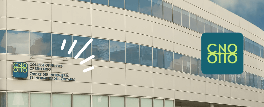 A stylized photo of a College of Nurses of Ontario office, with a C N O logo.
