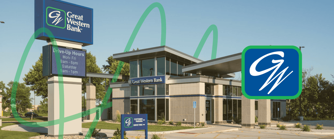 A stylized photo of a Great Western Bank branch with a Great Western logo.