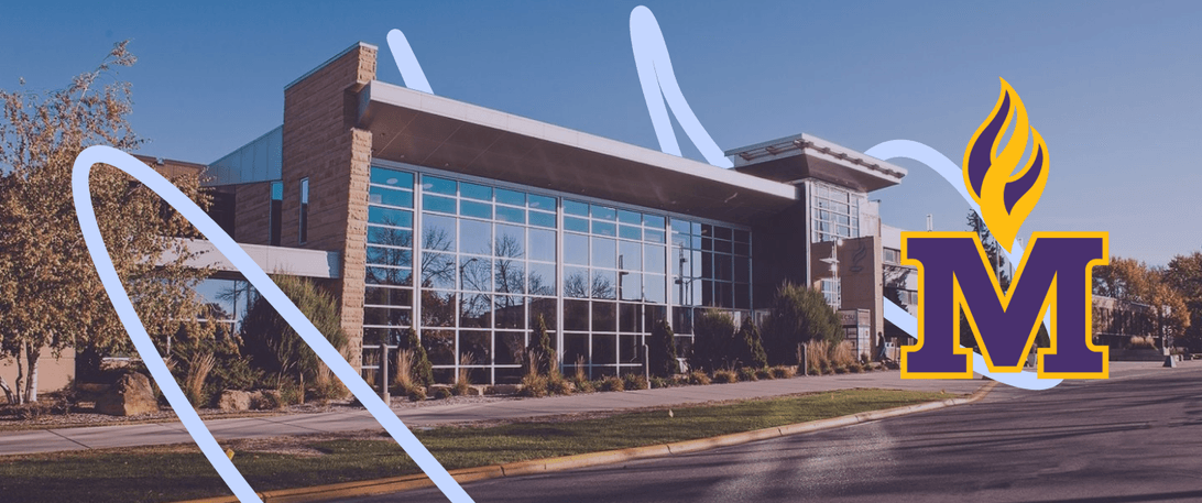 A stylized photo of Minnesota State University Mankato with the MSU logo.